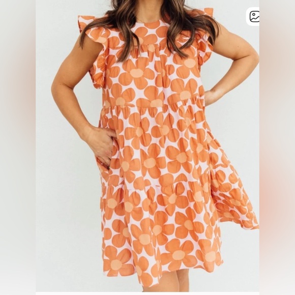 Jacquie the Label Babydoll Dress Orange Floral Flutter Sleeve Square Neckline - Picture 1 of 4